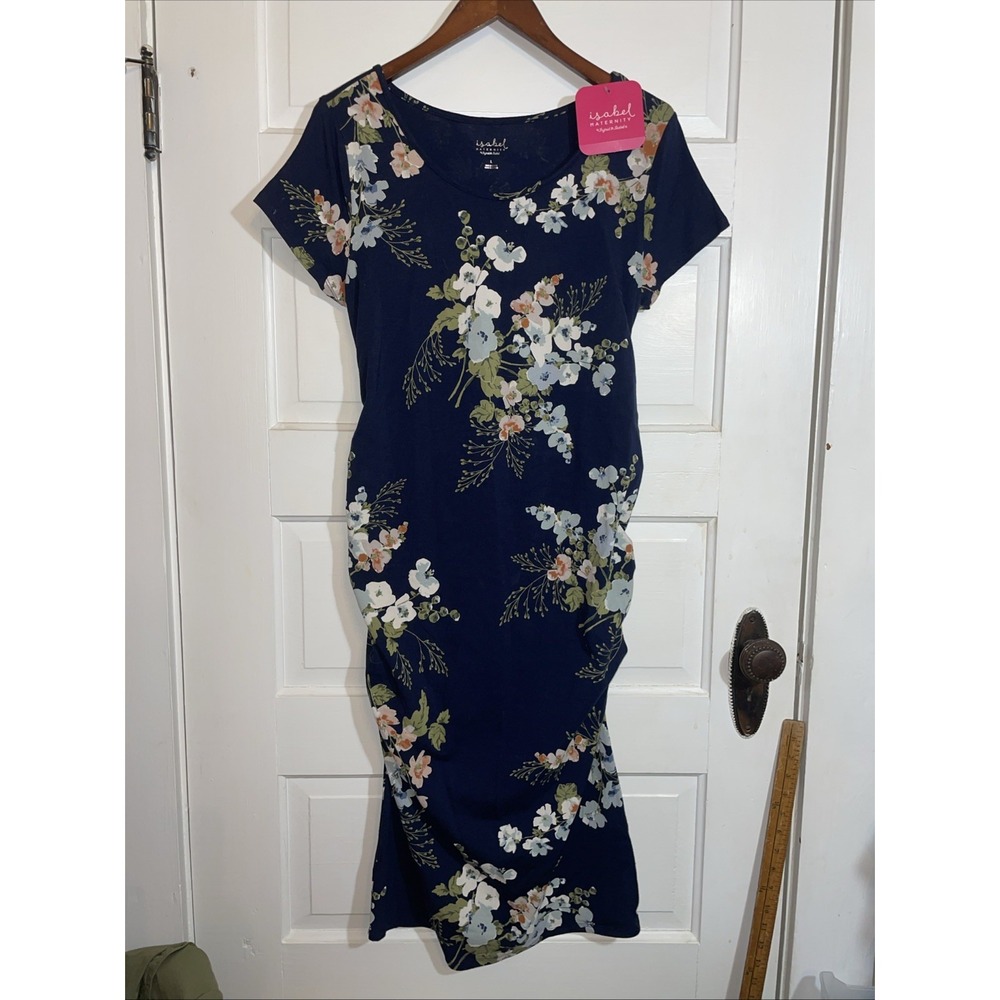 isabel Maternity by Ingrid & Isabel Long Dark Blue Dress Flowers Cap Sleeves L